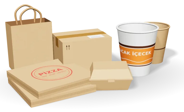Kraft koli, pizza kutusu, kağıt çanta ve karton bardaklar